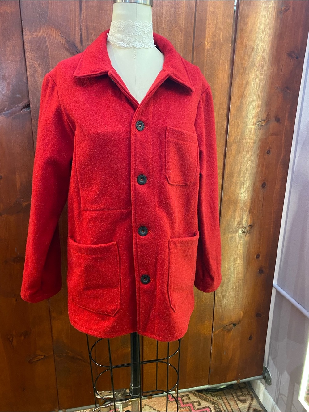 Le Laboureur French Wool Field Coat in Red - Size Small